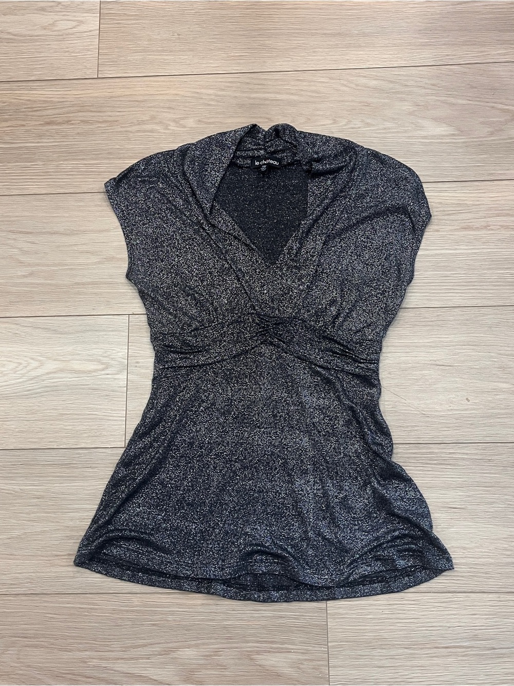 Le Chateau Y2K Metallic Silver Black Ruched V Neck Going Out Tunic Top XXS